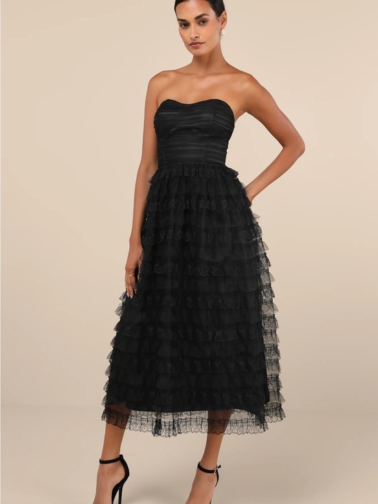 Lulus Dresses & Skirts - Immensely Exquisite Black Tulle Strapless Tiered Midi Dress